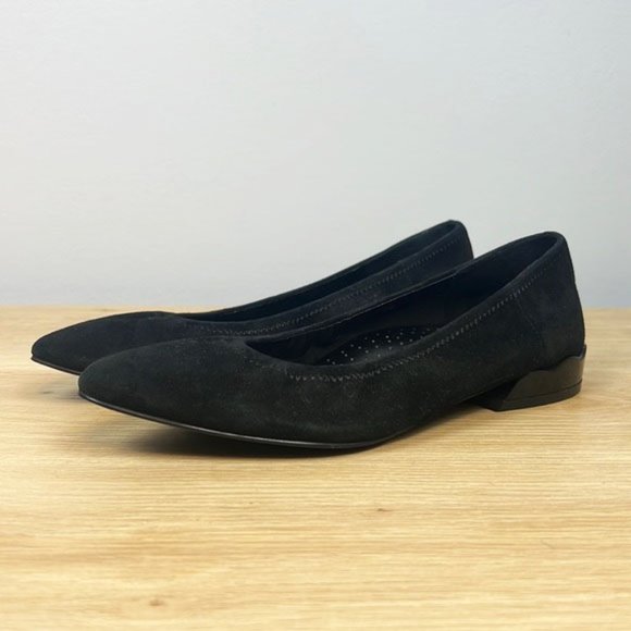 VANELi Black Leather Suede Pointed Toe Scalloped Low Heel Ballet Flats 7M - Picture 1 of 16